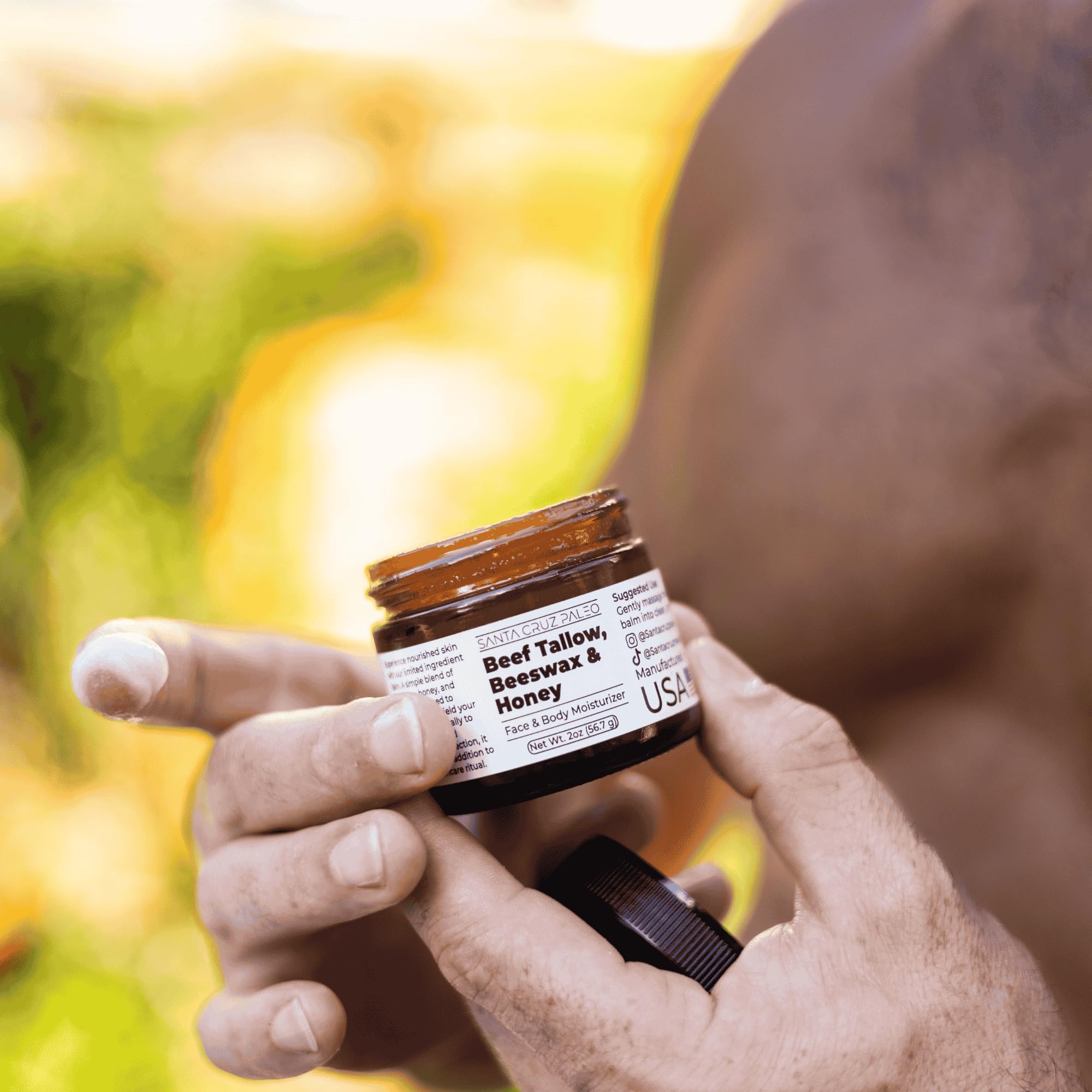 Santa Cruz Paleo jar on bathroom shelf promoting clean skincare routine