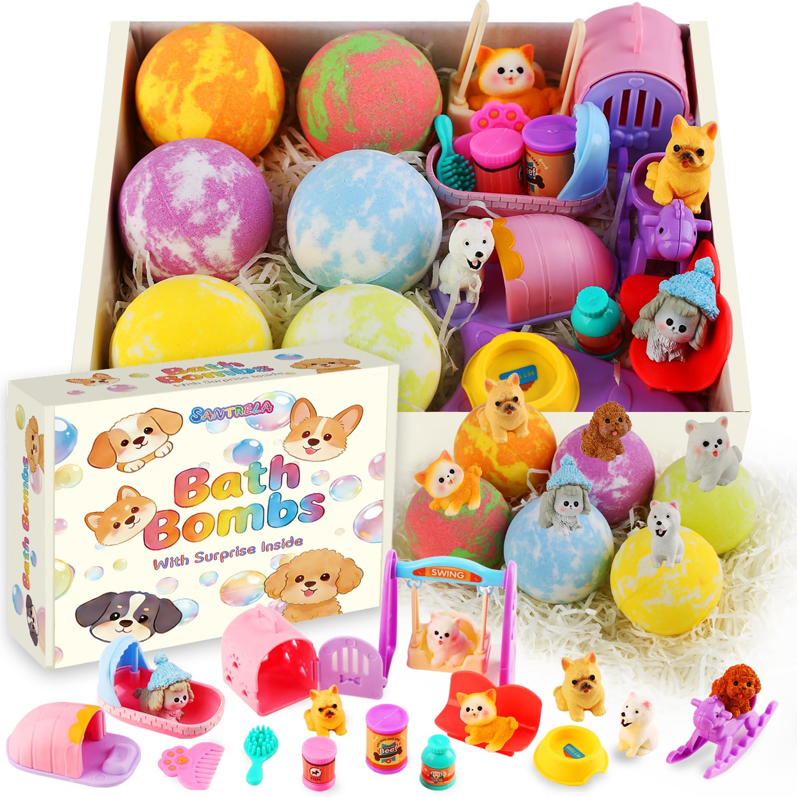 Santrela front packaging showing six colorful bath bombs and box gift-ready benefit