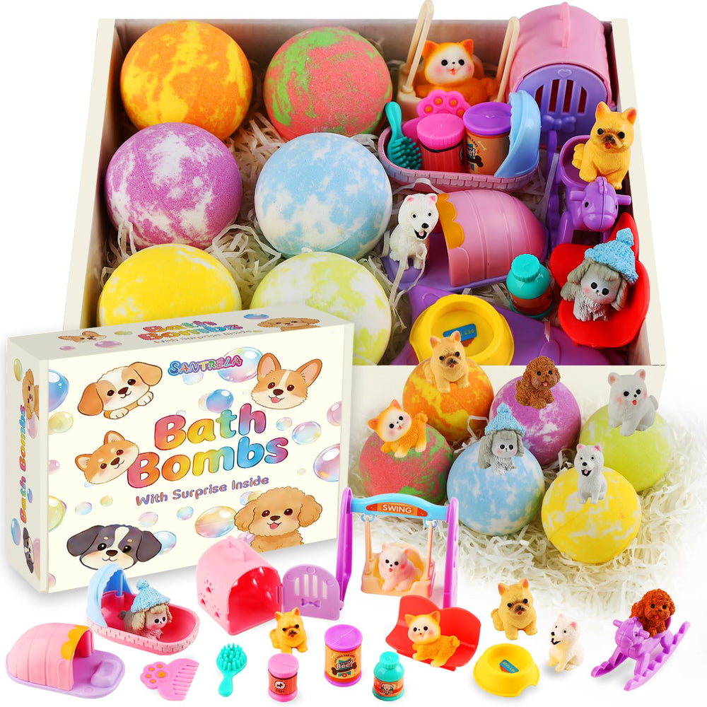 Santrela front packaging showing six colorful bath bombs and box gift-ready benefit