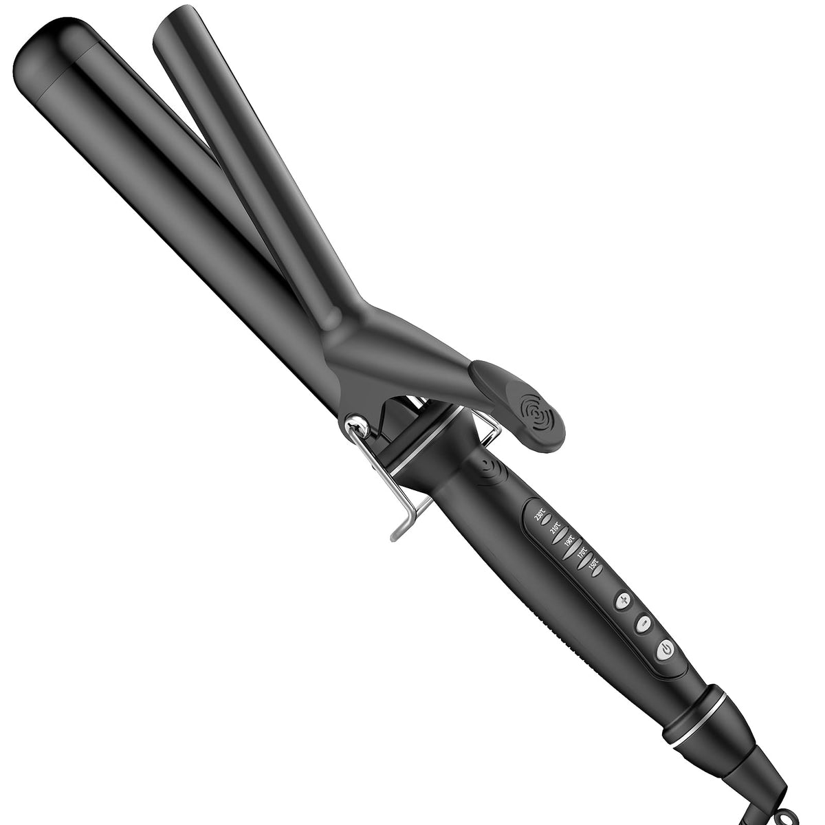 SAOSA front view of curling iron showing long barrel and clamp for faster styling