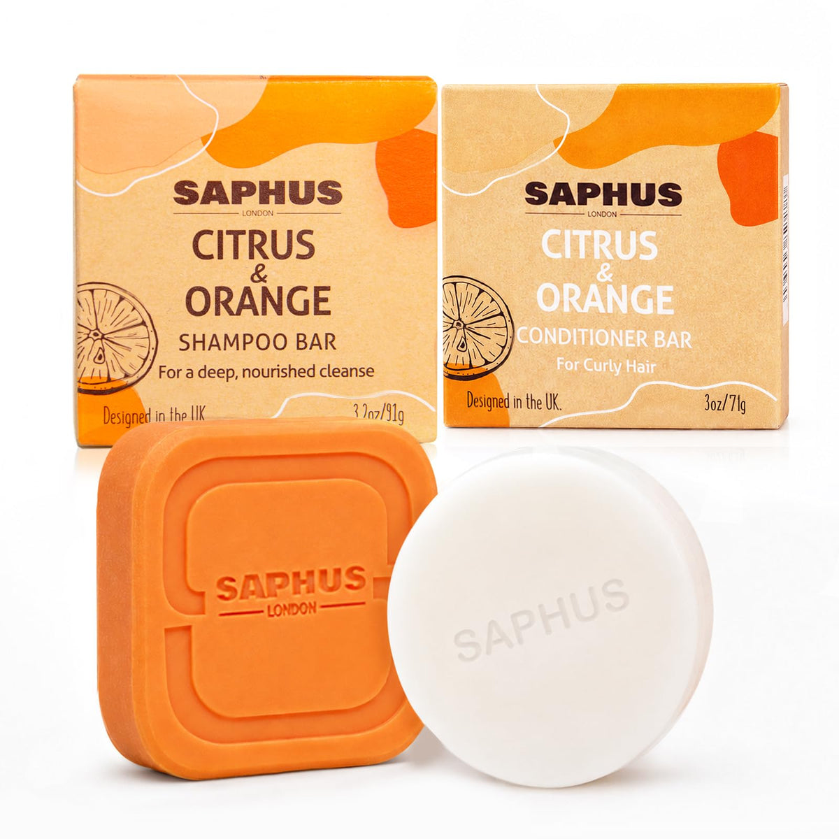 SAPHUS front packaging showing argan oil shampoo and conditioner set benefit travel-friendly