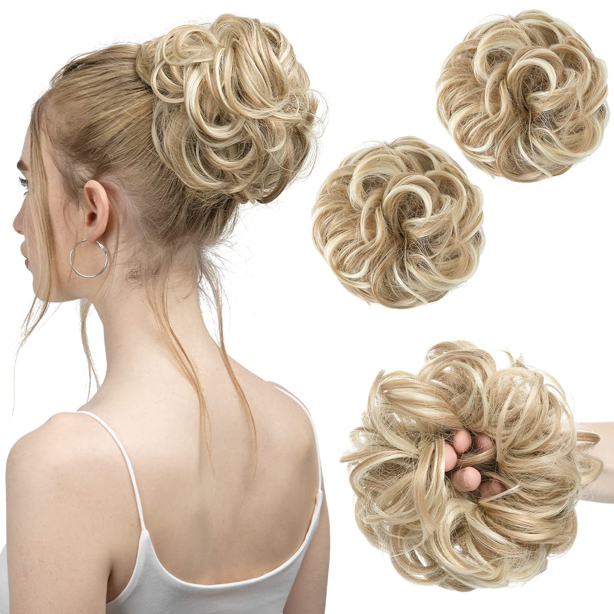 SARLA front packaging showing two messy bun pieces for quick styling benefit