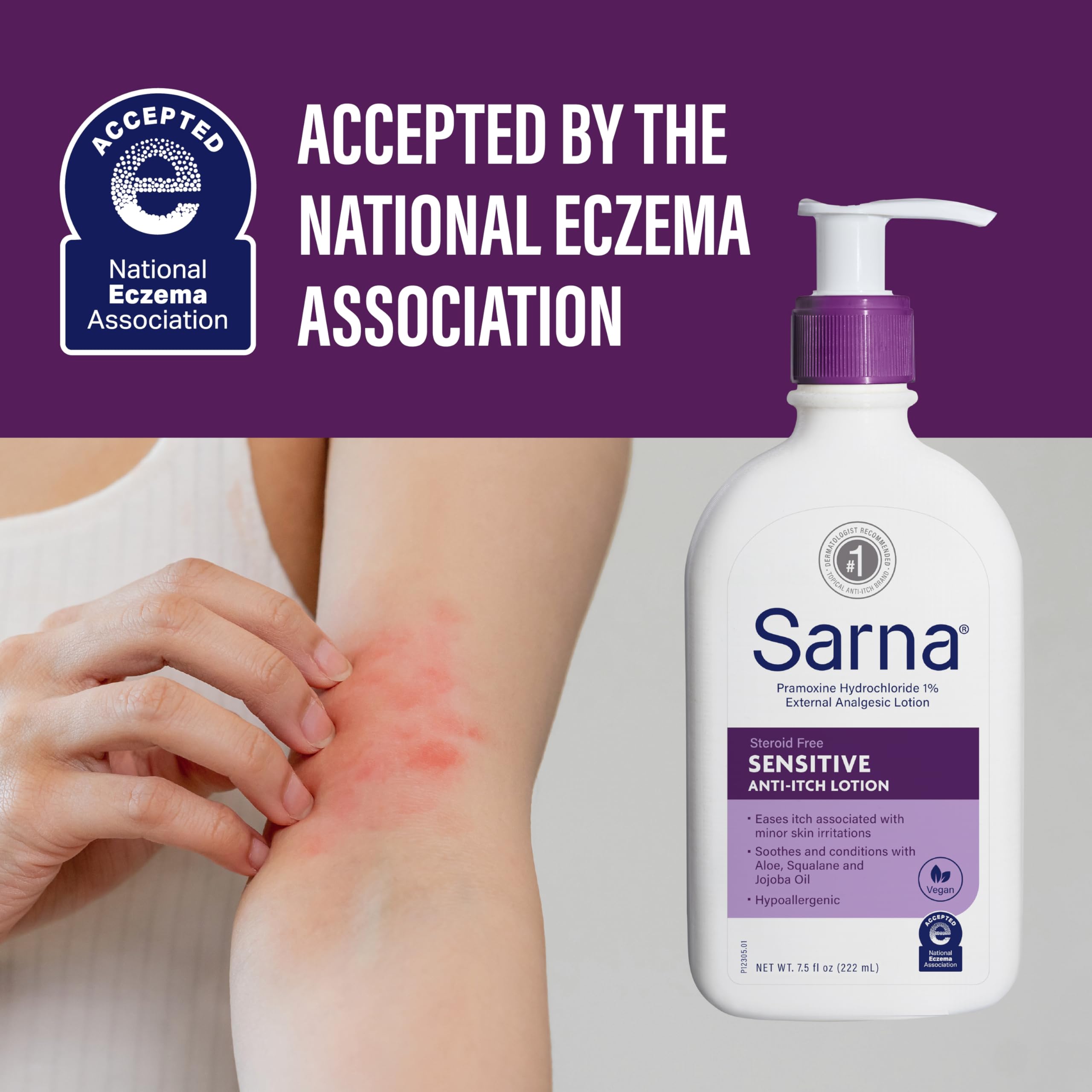 Sarna being applied to forearm showing calming skin relief