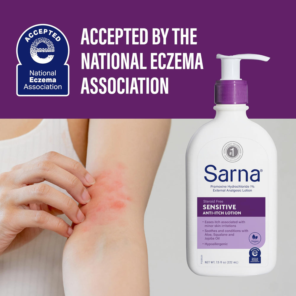 Sarna being applied to forearm showing calming skin relief