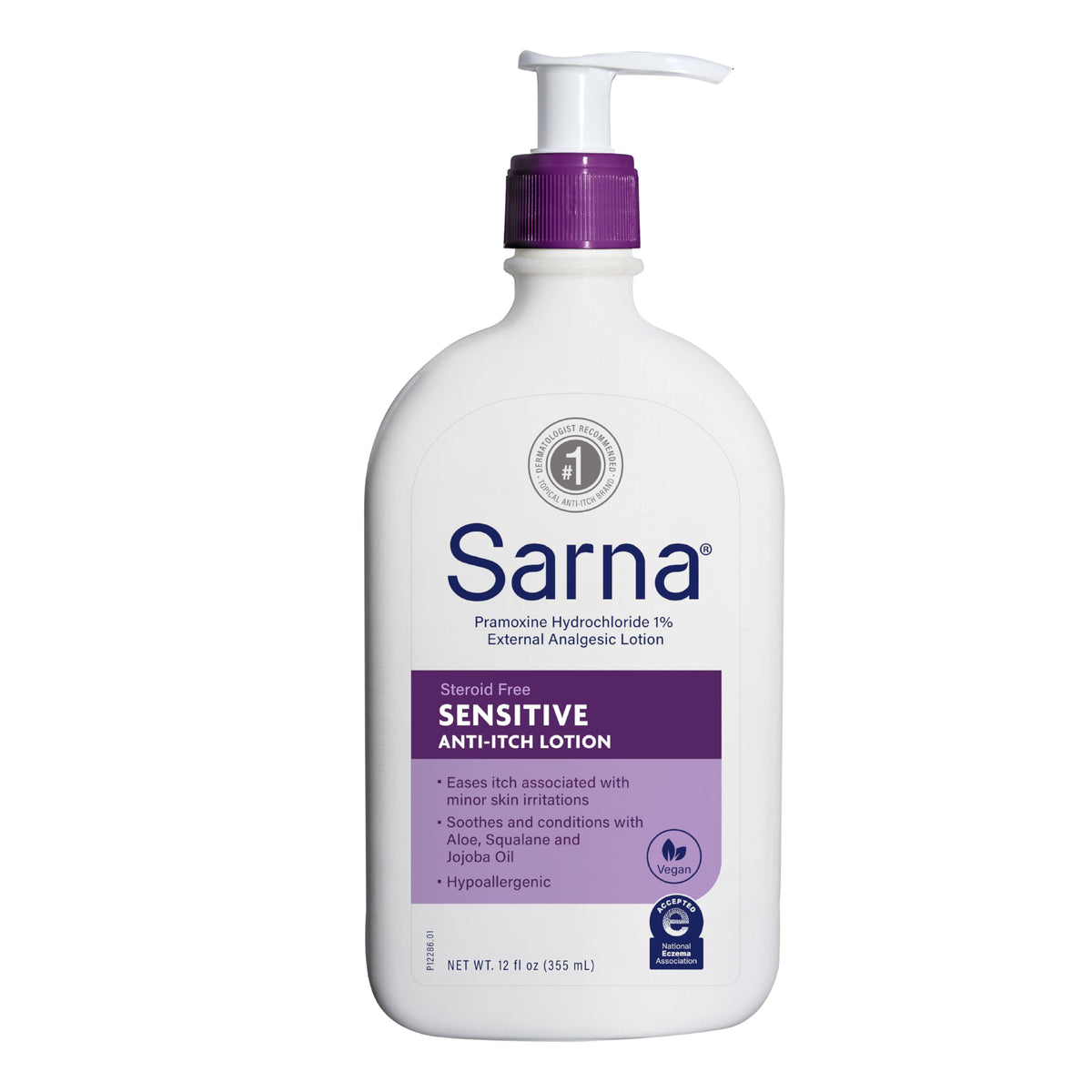 Sarna front packaging showing 12oz bottle and soothing benefit