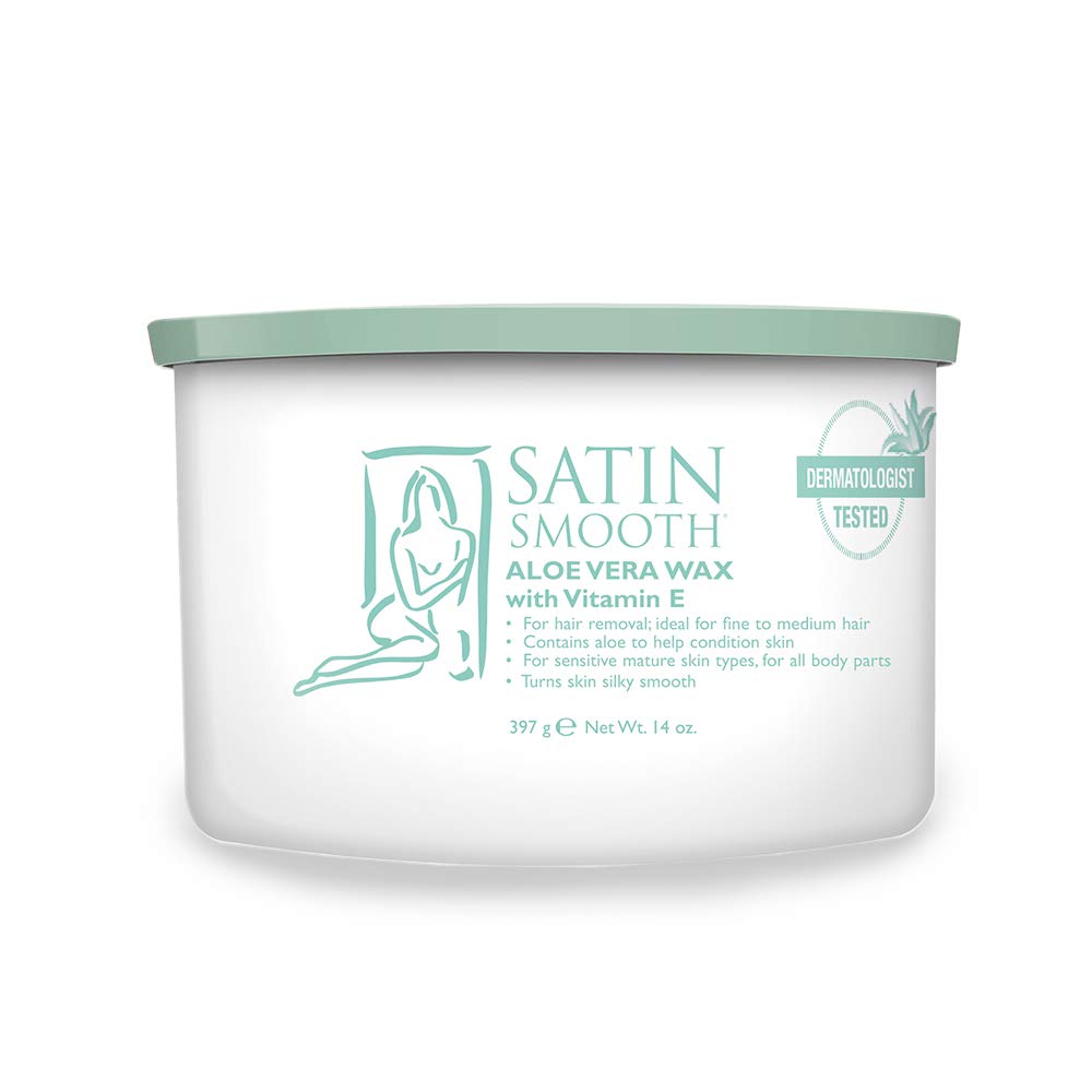 SATIN SMOOTH pot wax front label showing aloe vera benefits and size