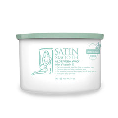 SATIN SMOOTH pot wax front label showing aloe vera benefits and size