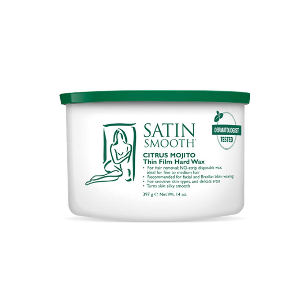 Satin Smooth front can of Citrus Mojito pebble wax showing packaging and benefit