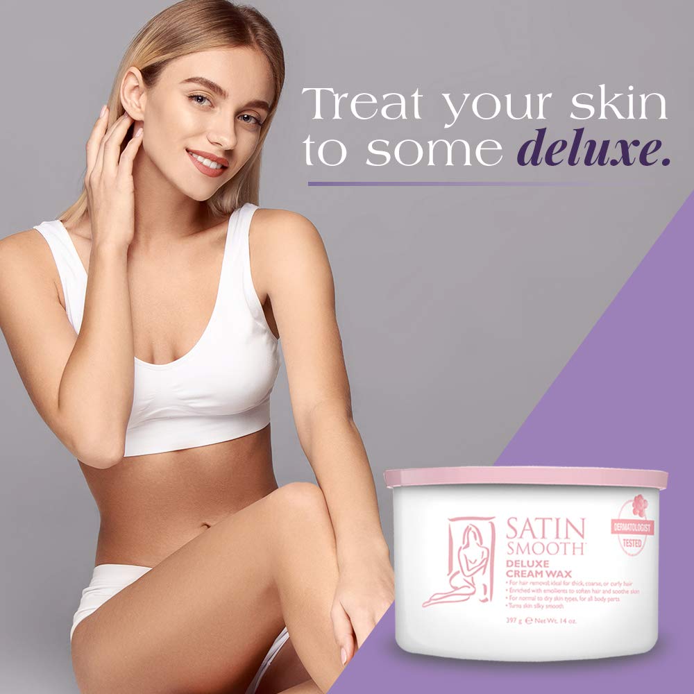 SATIN SMOOTH wax applied on leg with strip, demonstrating efficient hair removal