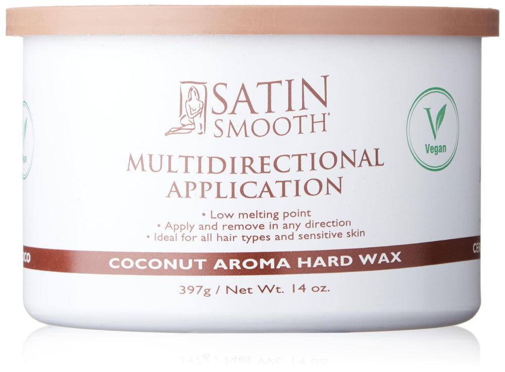 Satin Smooth jar front view showing label and coconut aroma, highlighting professional packaging