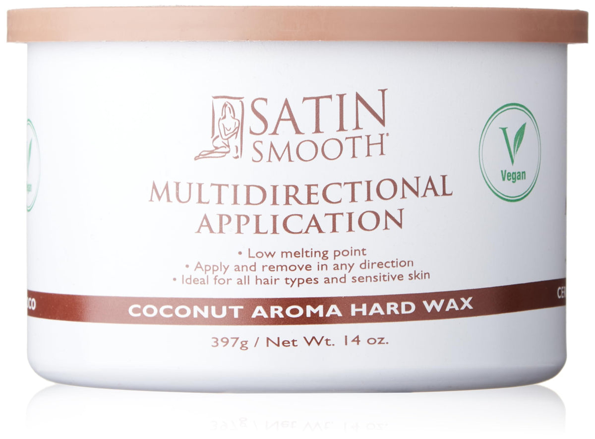 Satin Smooth jar front view showing label and coconut aroma, highlighting professional packaging