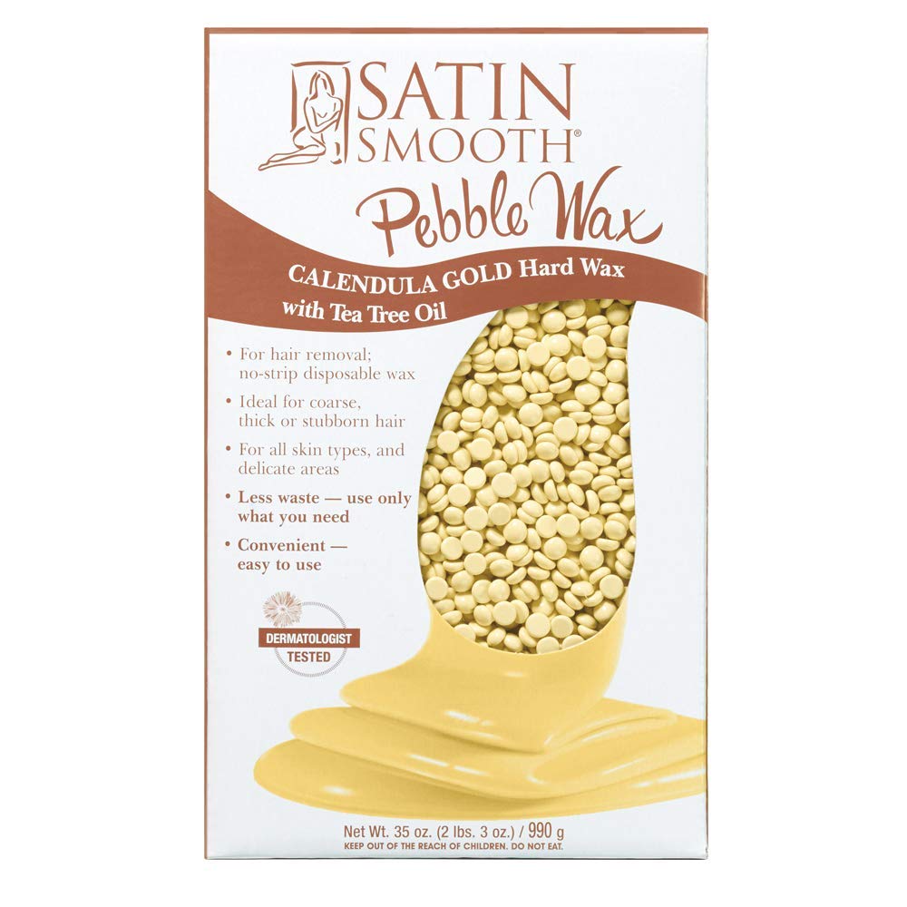 SATIN SMOOTH front packaging of Calendula Gold Pebble beads showing product and size benefit
