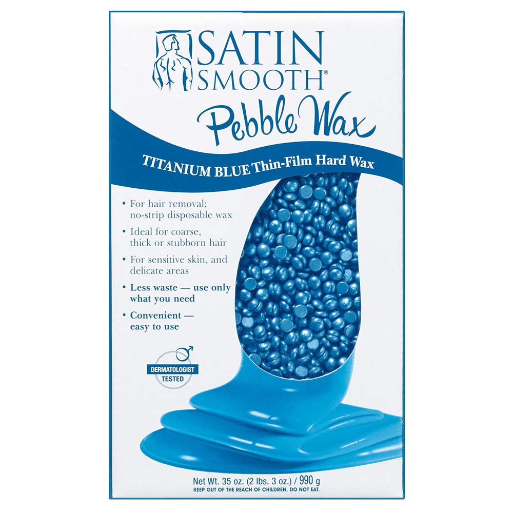 SATIN SMOOTH front packaging showing titanium blue pebble hard wax beads, professional-ready