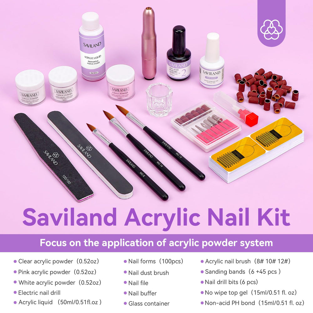 SAVILAND close-up of white pink clear acrylic powders for precise blending
