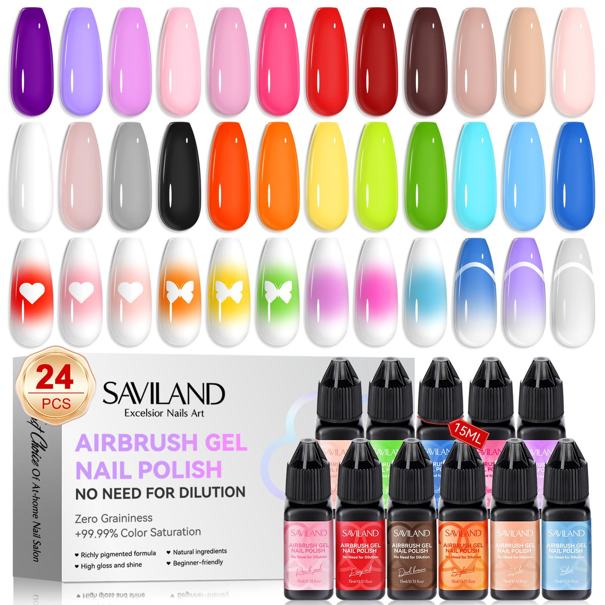SAVILAND front packaging showing 24-color airbrush gel set for easy selection