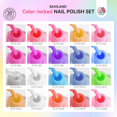 SAVILAND all bottles lined up displaying 20 colors plus base and top coats for variety