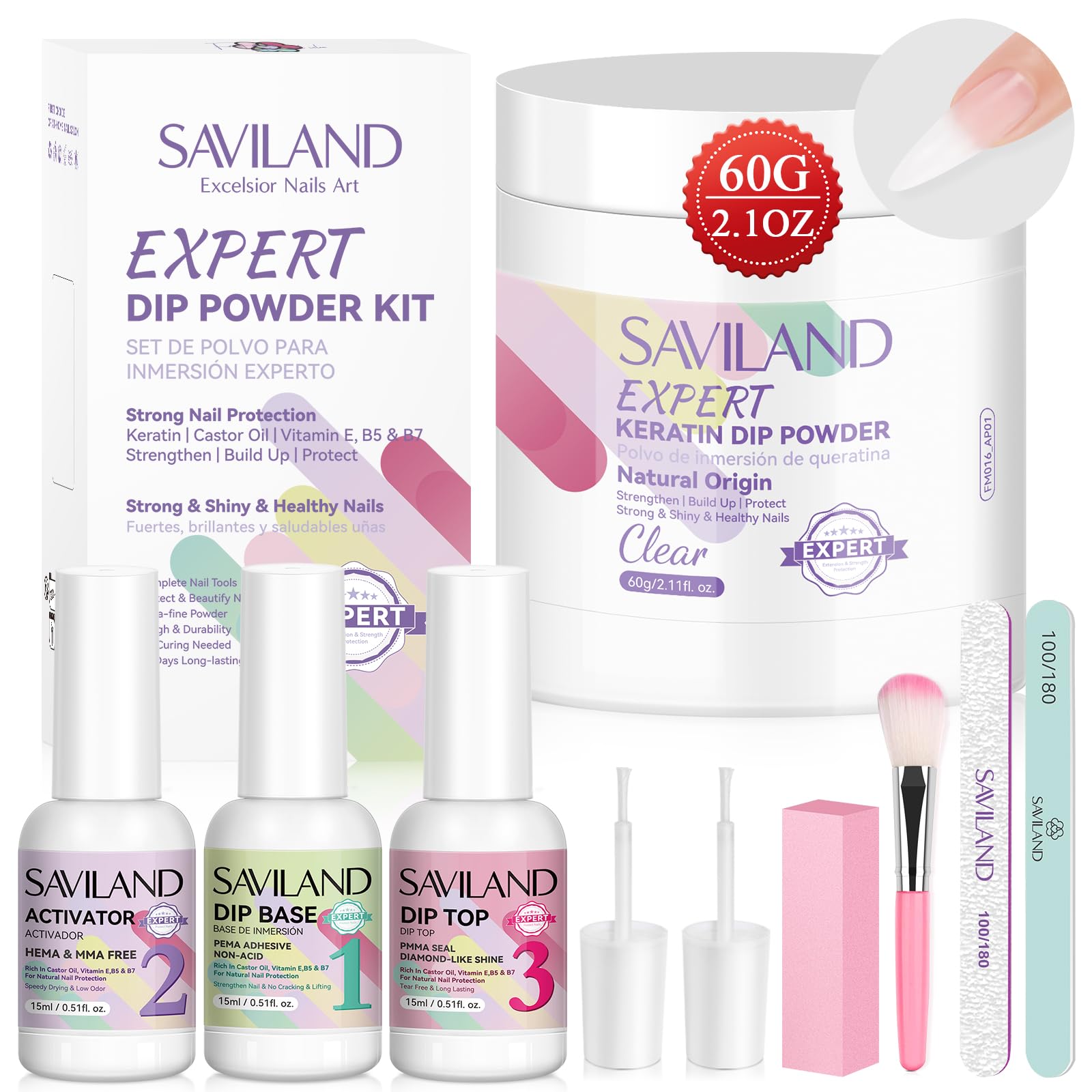 SAVILAND front packaging showing complete clear dip powder kit and tools for easy setup