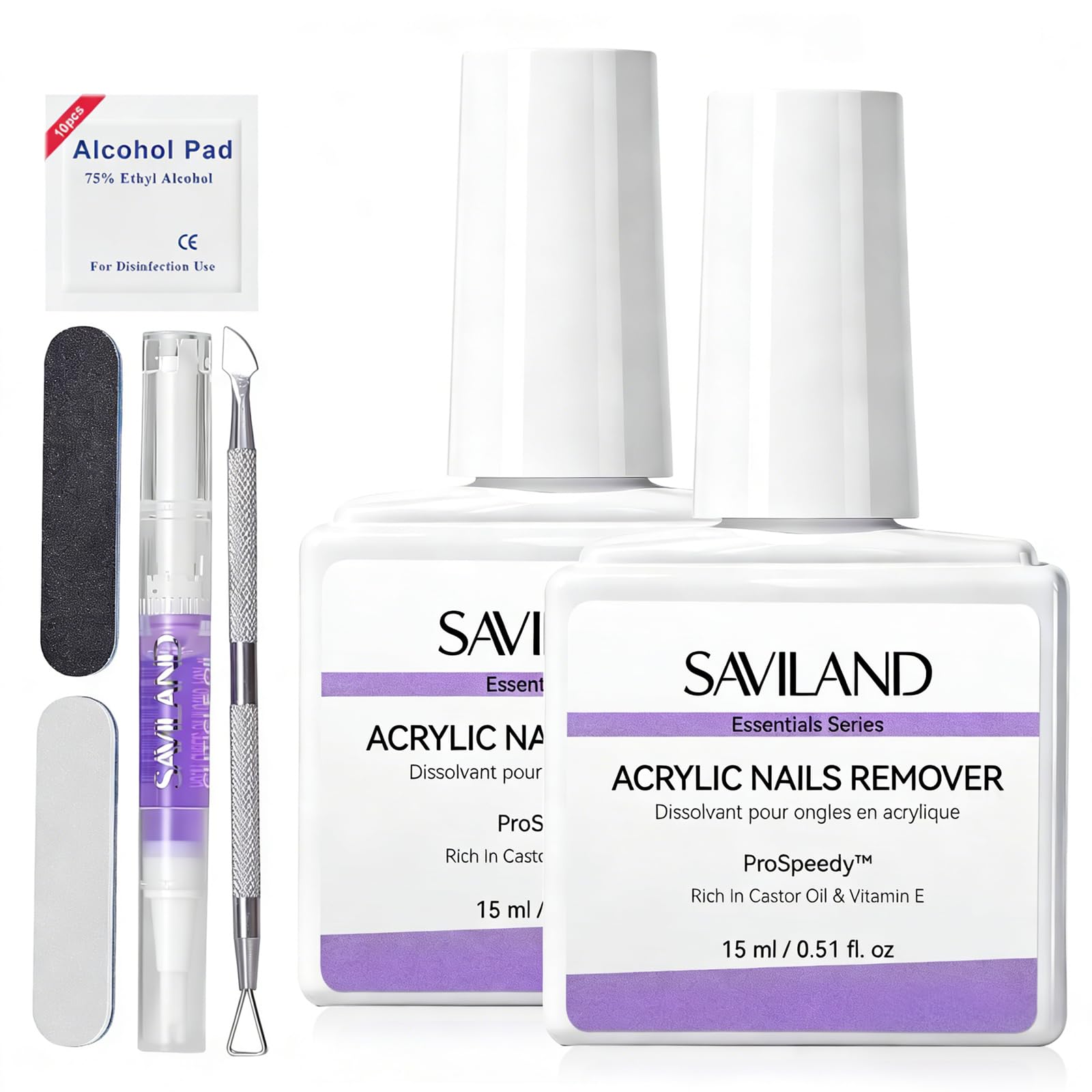 SAVILAND front packaging showing bottles and tools for fast, complete removal