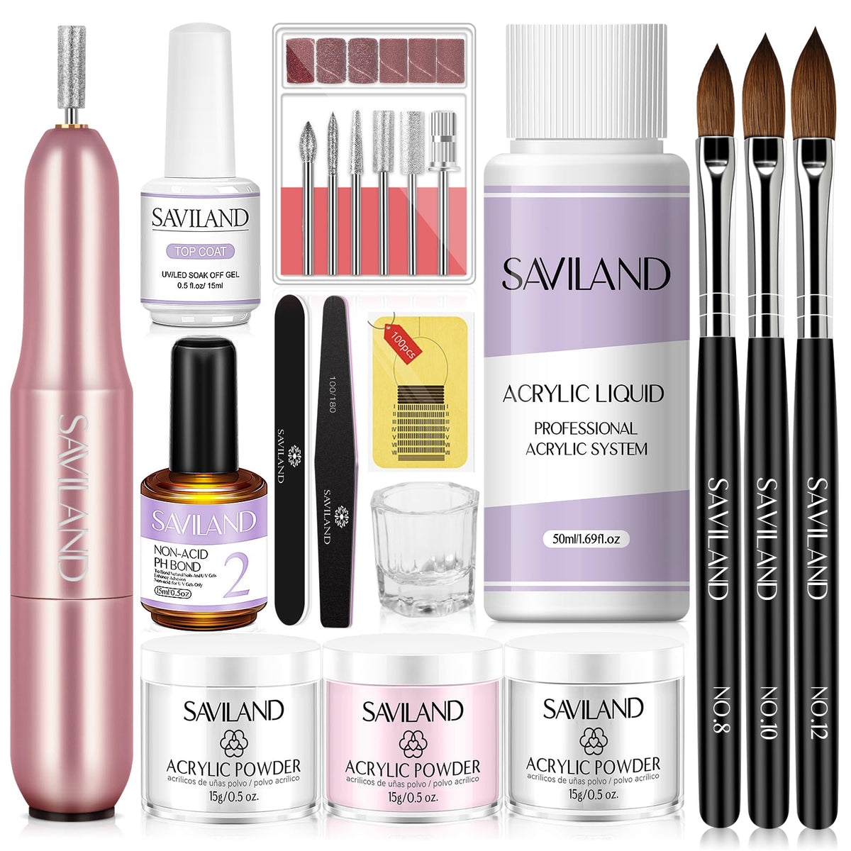 SAVILAND front packaging showing all-in-one acrylic nail kit benefits