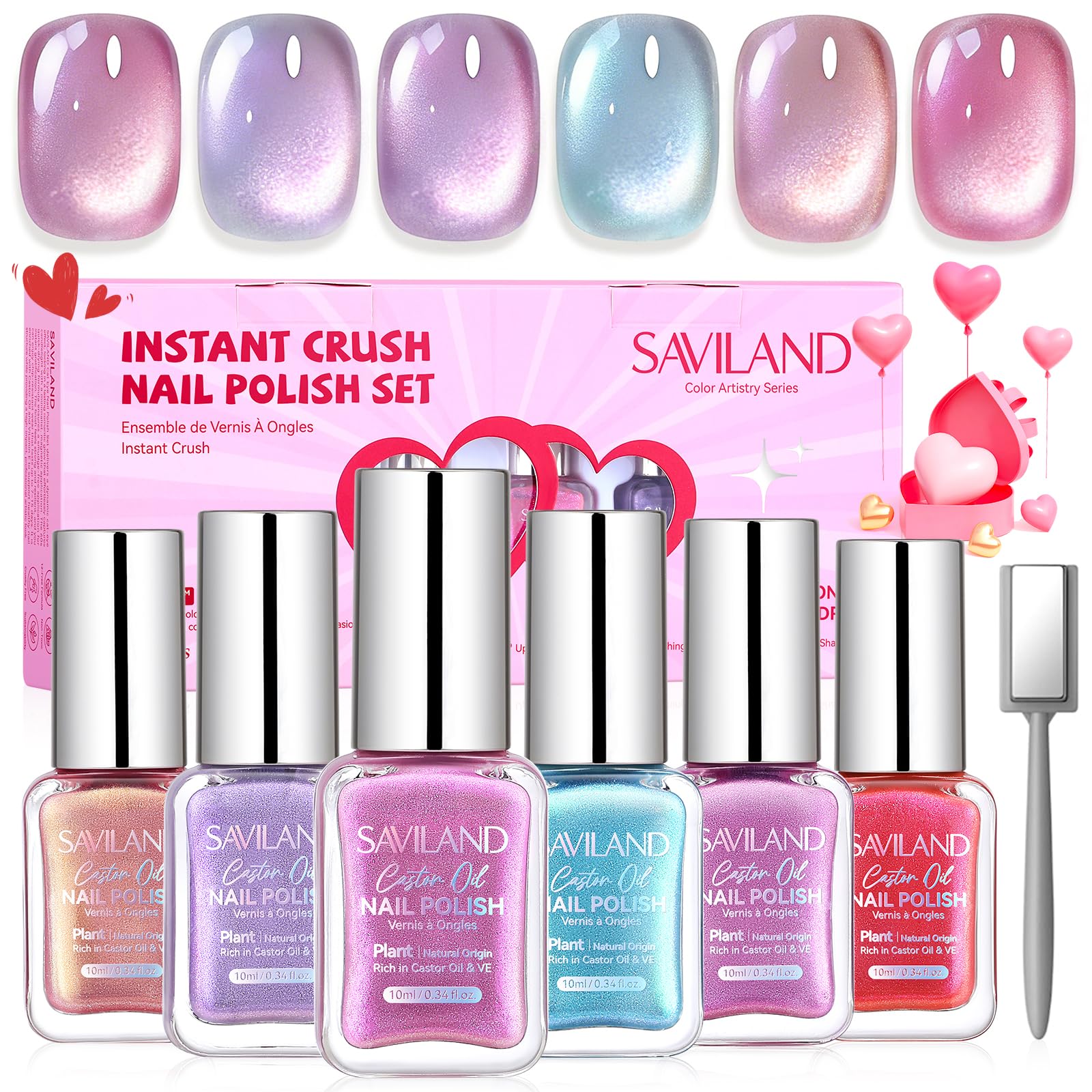 SAVILAND front packaging showing six pink bottles and magnet, ideal gift