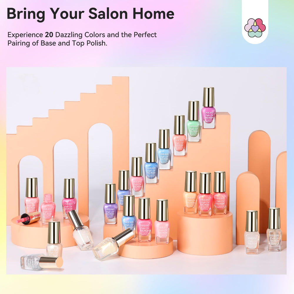 SAVILAND lifestyle manicure scene showing finished nails and quick-dry, healthy look