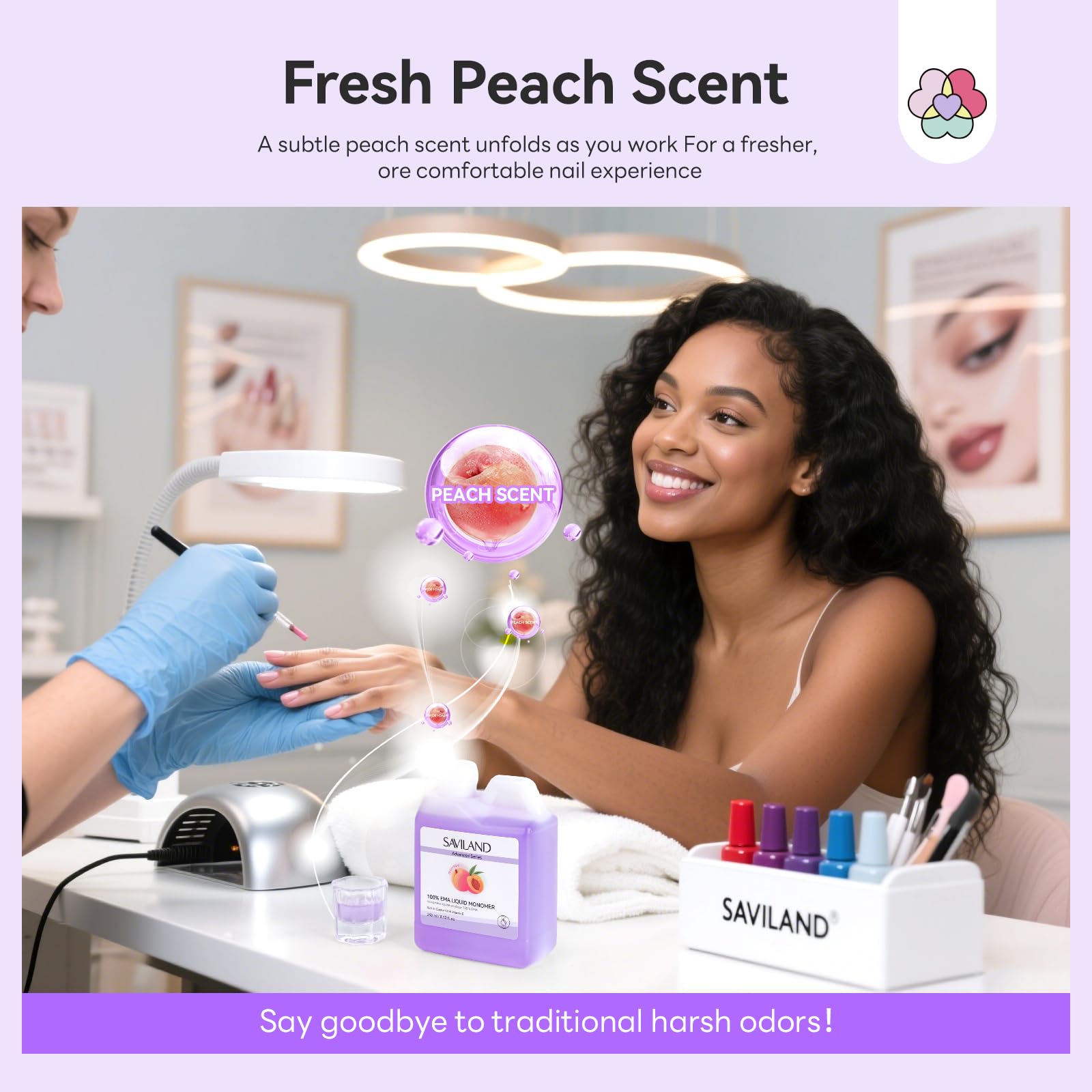 SAVILAND open vial releasing peach scent to improve salon comfort during application
