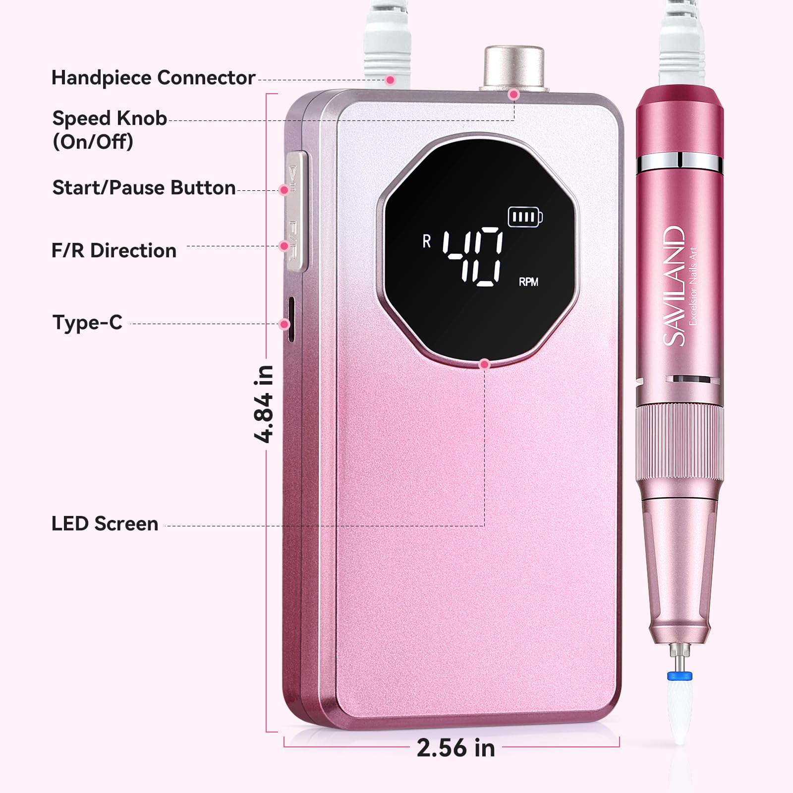 SAVILAND size comparison next to a hand indicating compact portability
