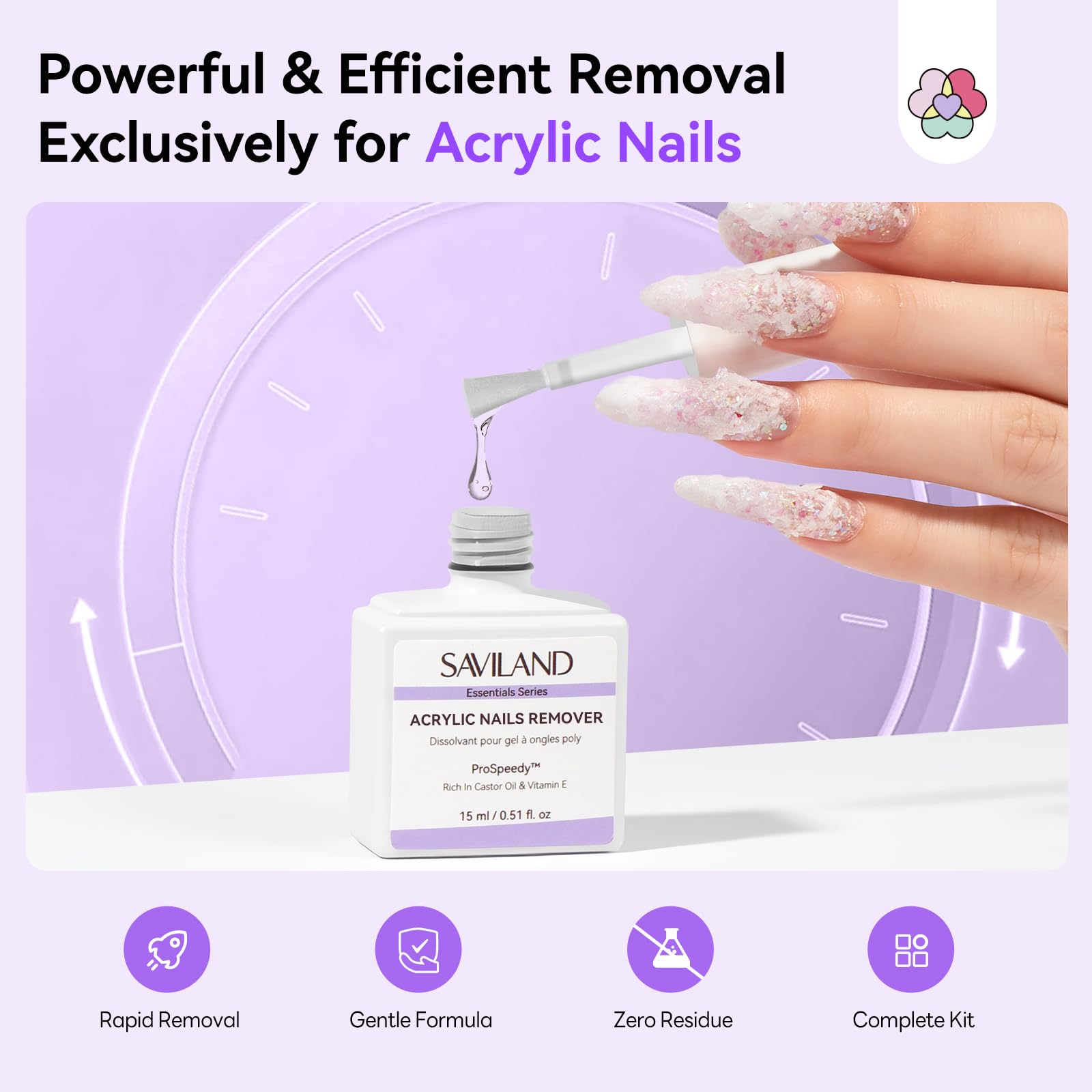 SAVILAND remover liquid texture close-up highlighting fast-dissolve action