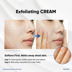 SAYNID cream texture close-up displaying soft consistency for gentle exfoliation benefit