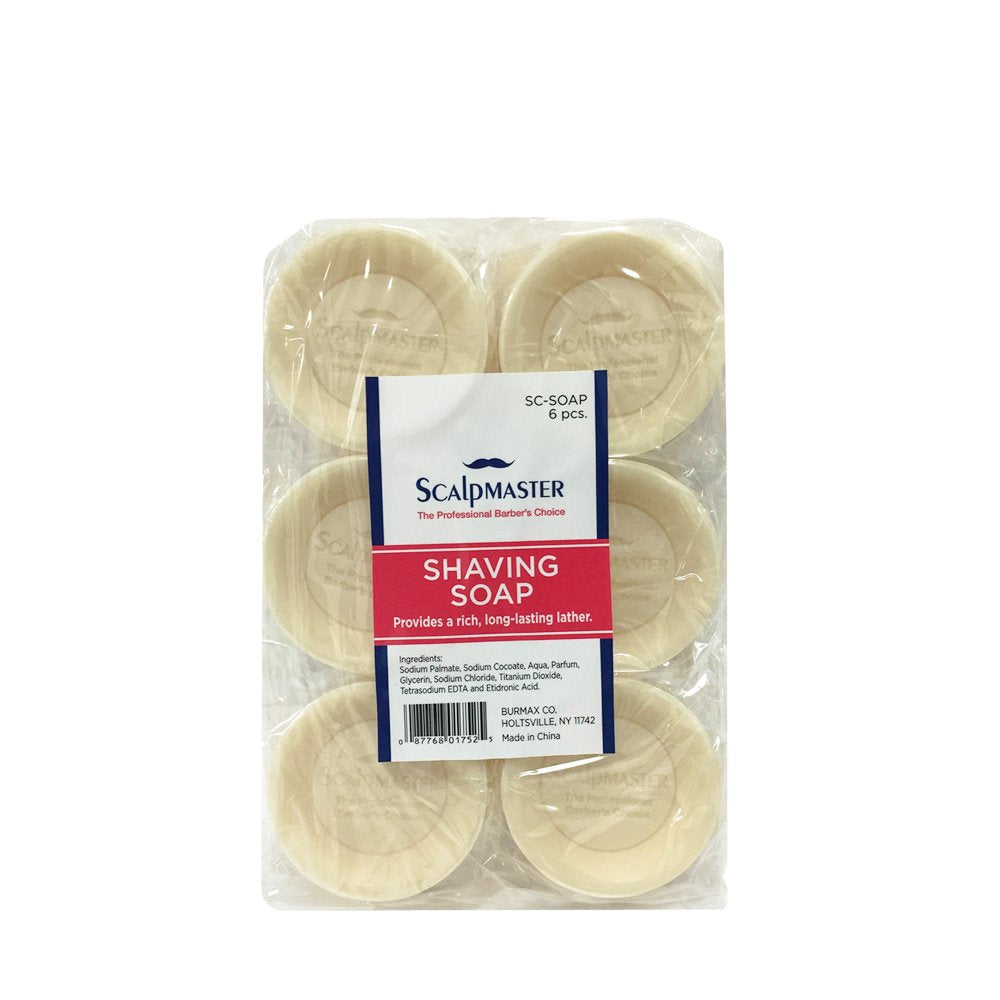 Scalpmaster front packaging showing six shaving soap pucks, clear value