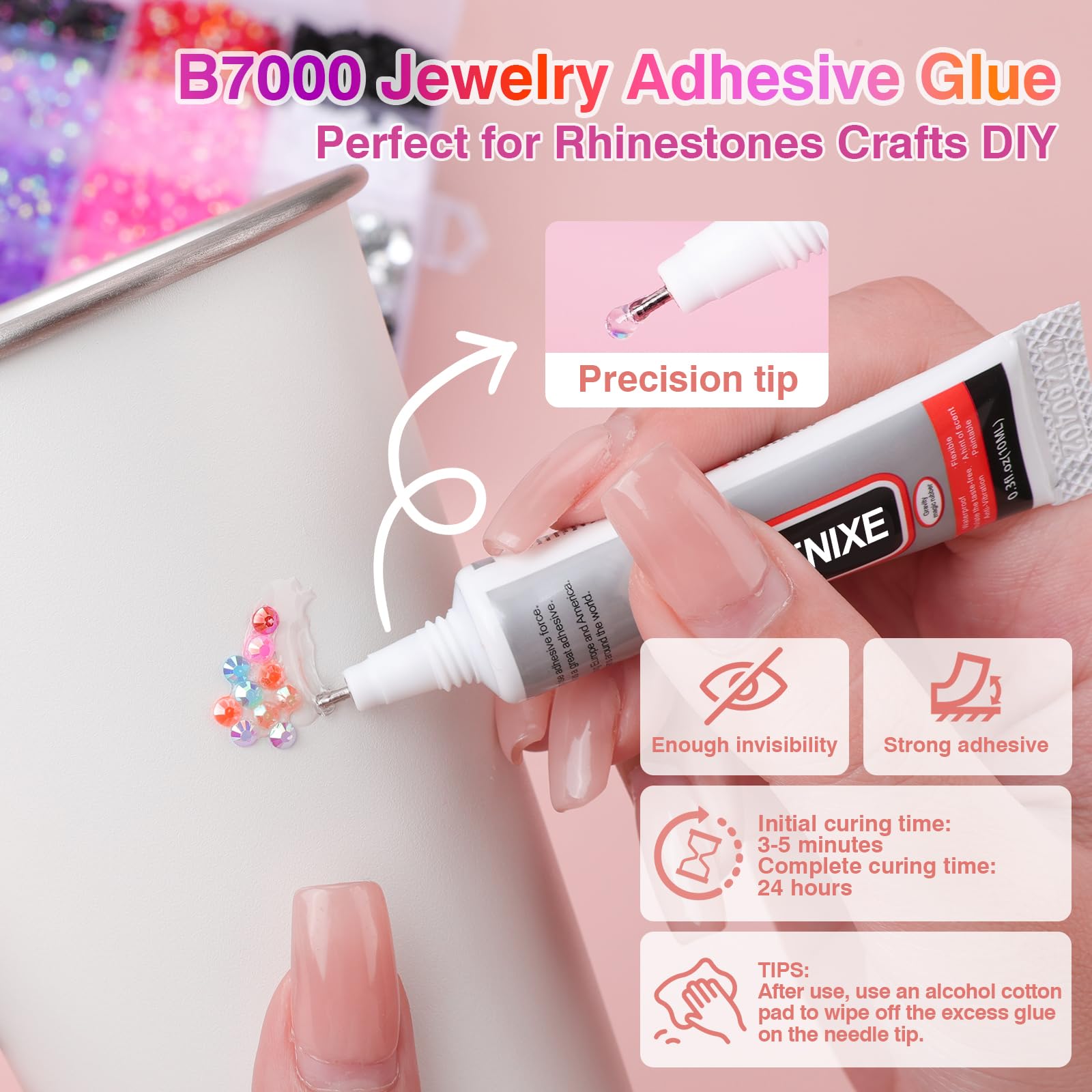 SCENIXE applying rhinestones to a phone case showing secure adhesion and shine