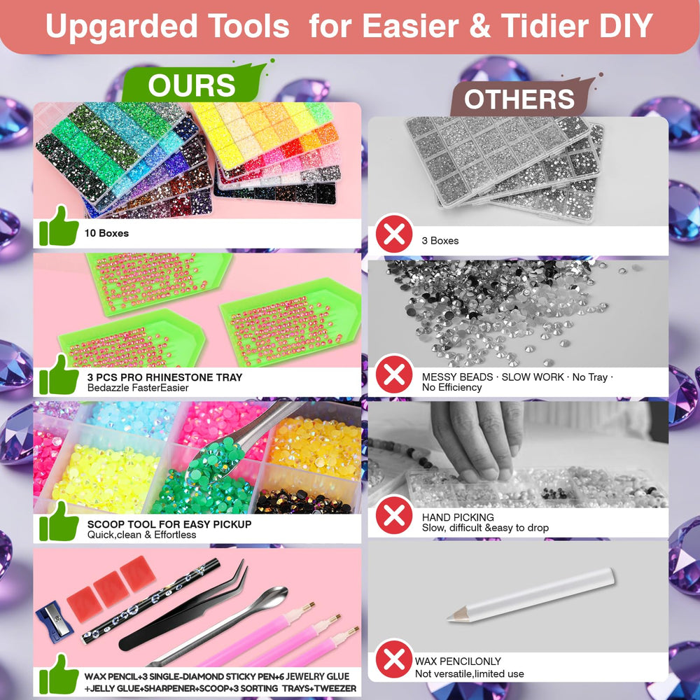 SCENIXE sorting trays and applicator tools organized to speed rhinestone placement