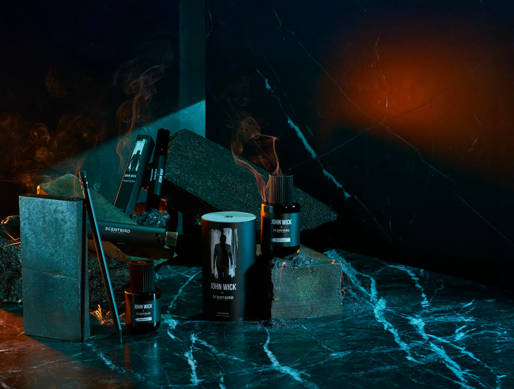 Scentbird John Wick bottle in evening outfit setting conveying confident presence