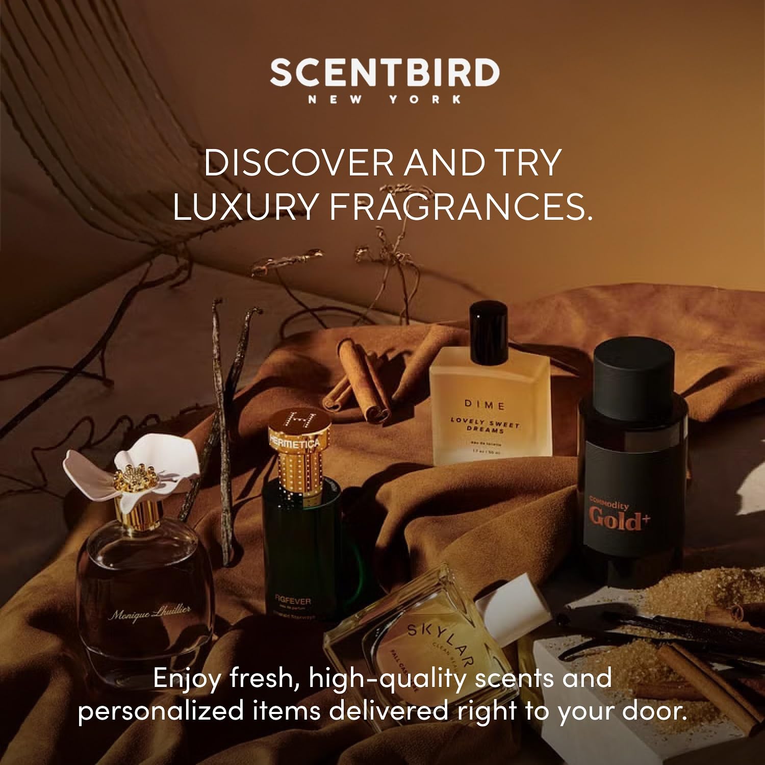 Scentbird cap and label detail showcasing branding and ingredient-inspired design