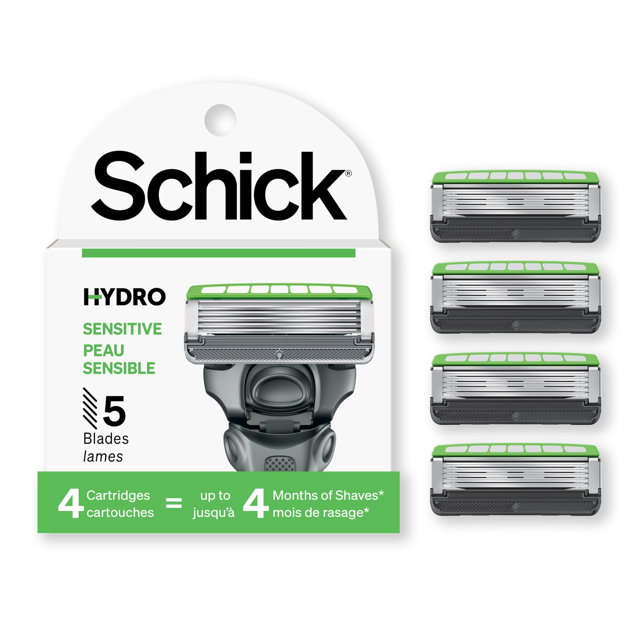 Schick Hydro 5 Sensitive front packaging showing the 4-count refills and comfort benefits