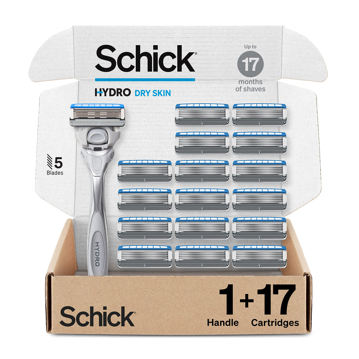 Schick Hydro front packaging showing handle and 17 refills, easy bulk supply
