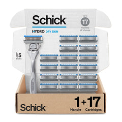 Schick Hydro front packaging showing handle and 17 refills, easy bulk supply