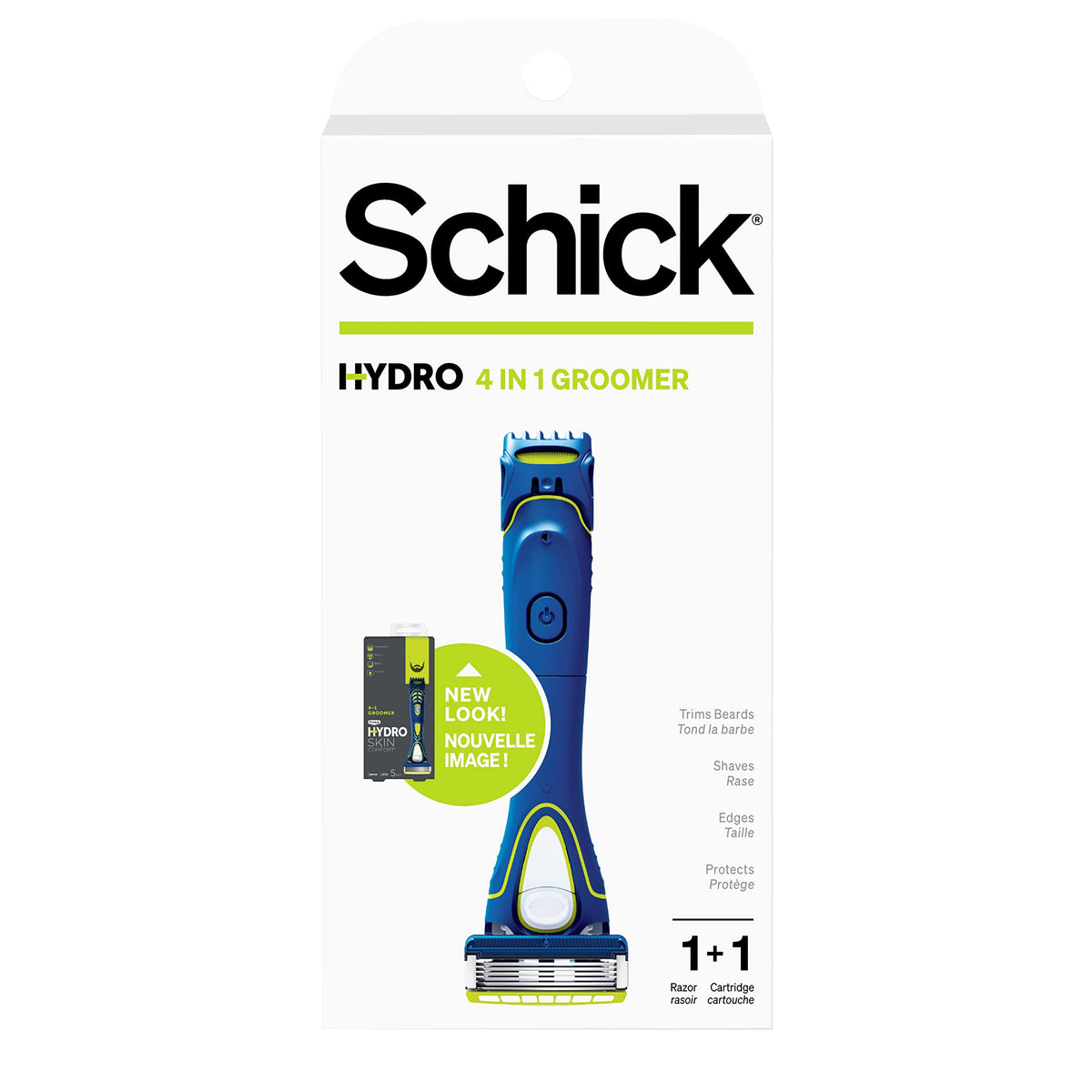 Schick Hydro groomer front packaging showing included refill and battery benefit convenience