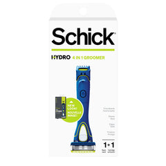 Schick Hydro groomer front packaging showing included refill and battery benefit convenience