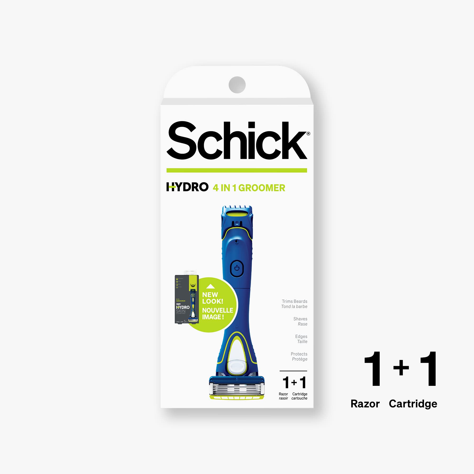 Schick Hydro groomer razor head closeup showing five blades and skin protection