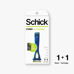 Schick Hydro groomer razor head closeup showing five blades and skin protection