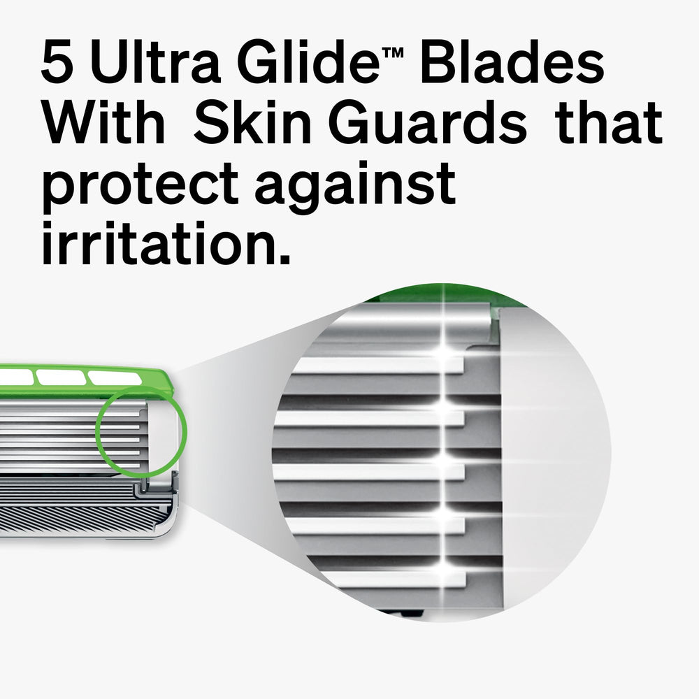 Schick Hydro refill cartridge detail displaying five blades and skin guards