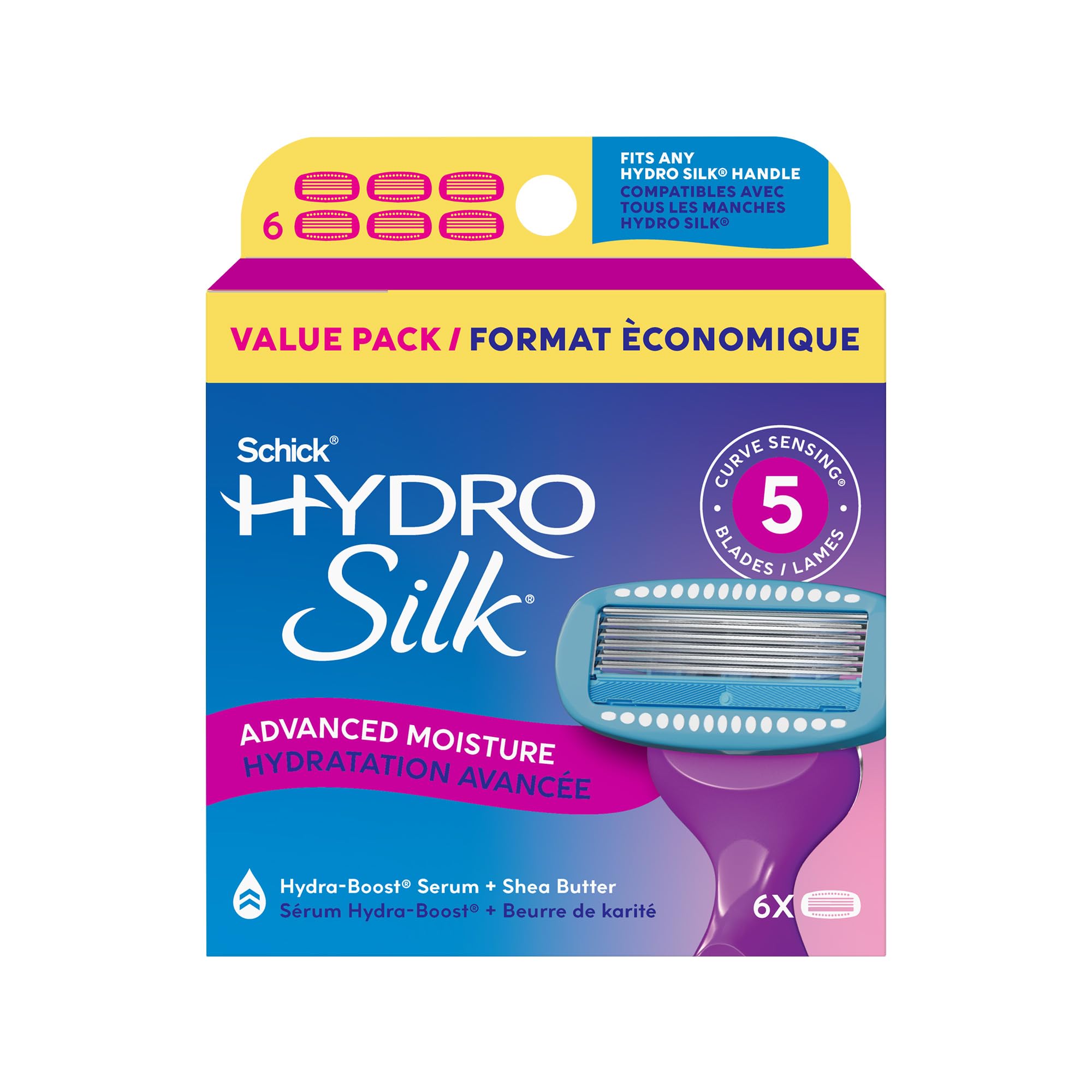 Schick Hydro Silk front packaging showing six refill cartridges and benefits