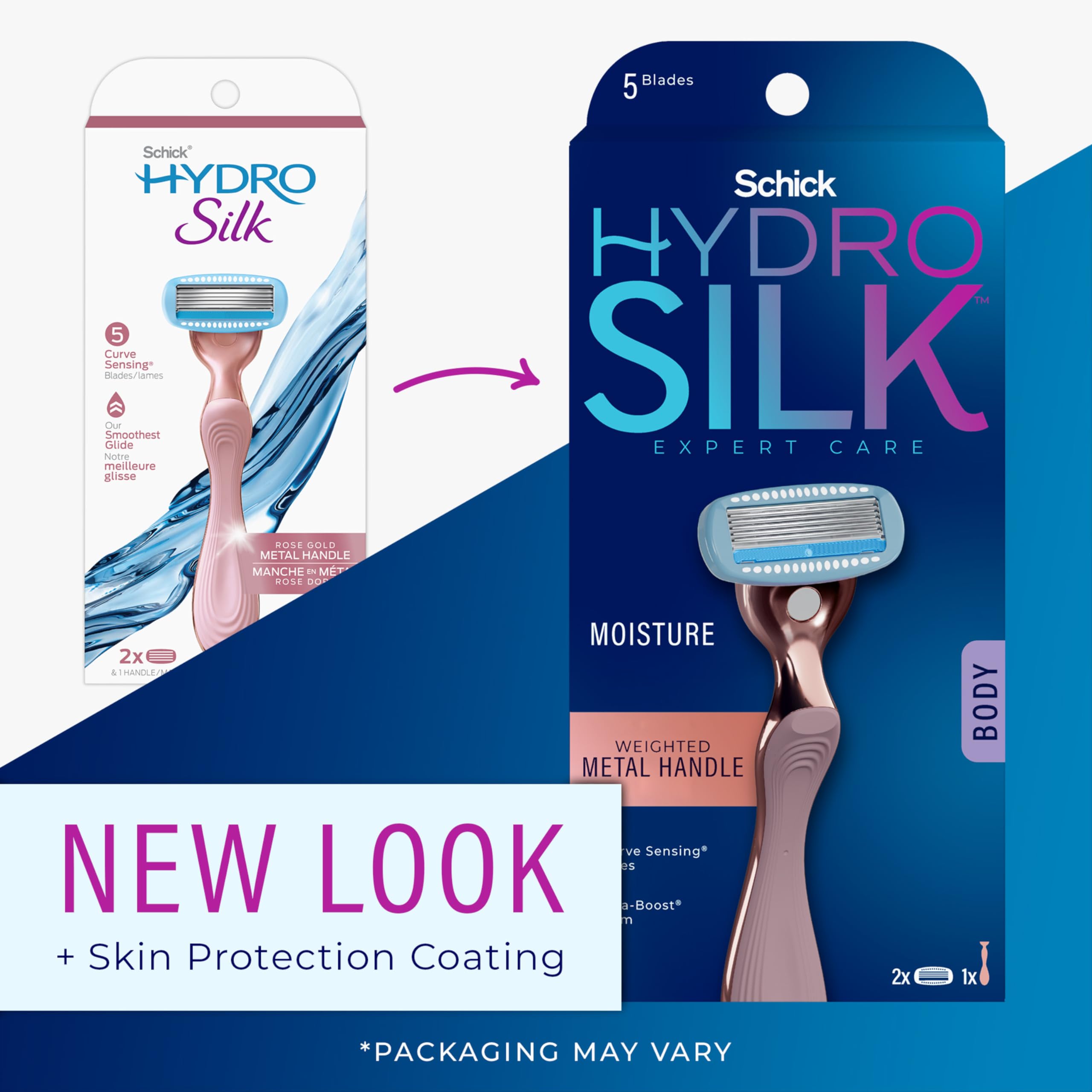 Schick Hydro Silk rose gold metal handle close-up highlighting premium weighted control