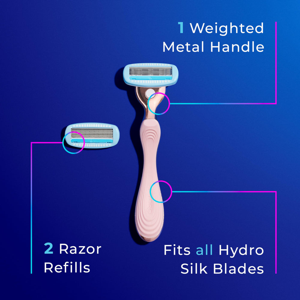 Schick Hydro Silk soft grip handle focus showing non-slip control for wet conditions