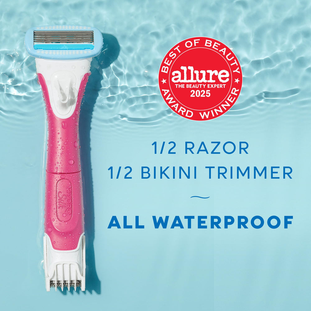Schick Hydro Silk five-blade cartridge closeup highlighting curve-sensing blades