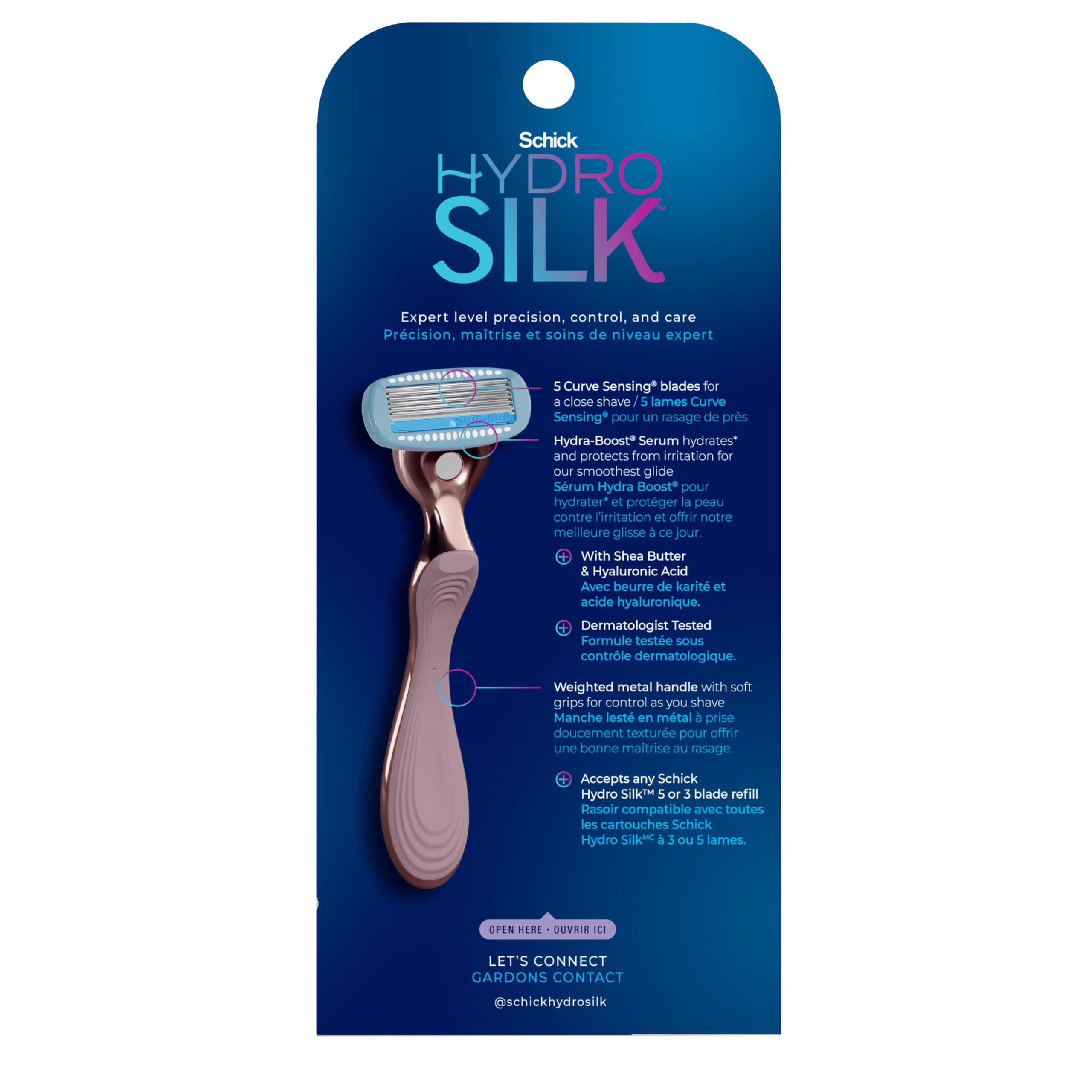 Schick Hydro Silk razor placed beside skincare products to suggest a complete grooming routine