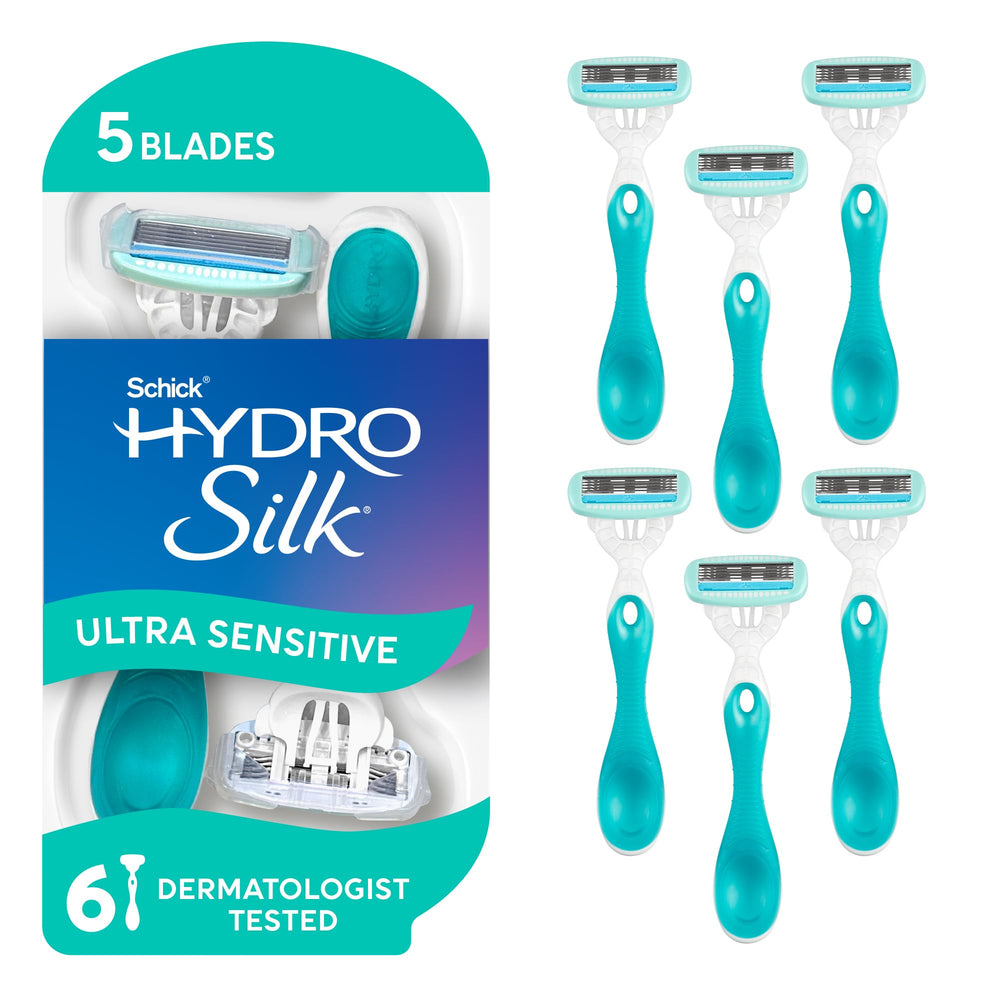Schick Hydro Silk front packaging showing six-razor convenience and benefits