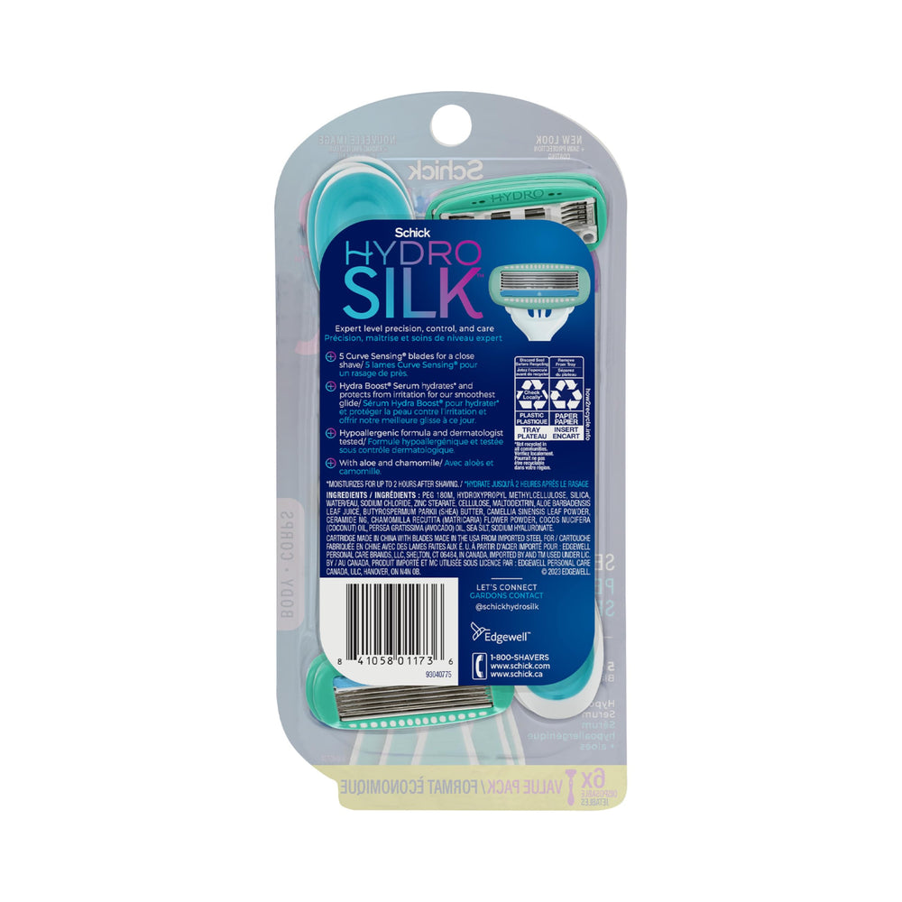 Schick Hydro Silk pack beside common items showing six-razor size and portability