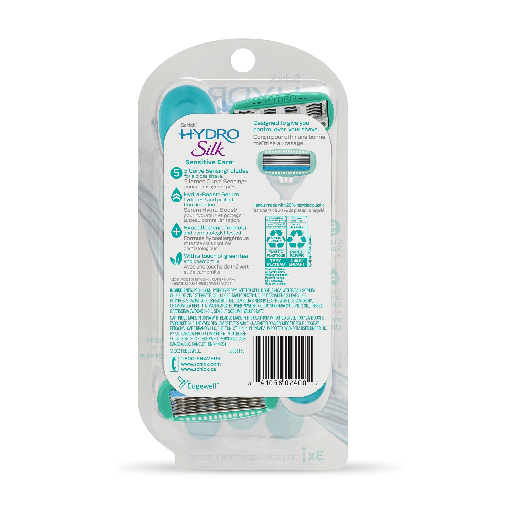 Schick Hydro Silk recyclable label showing recycling program for responsible disposal